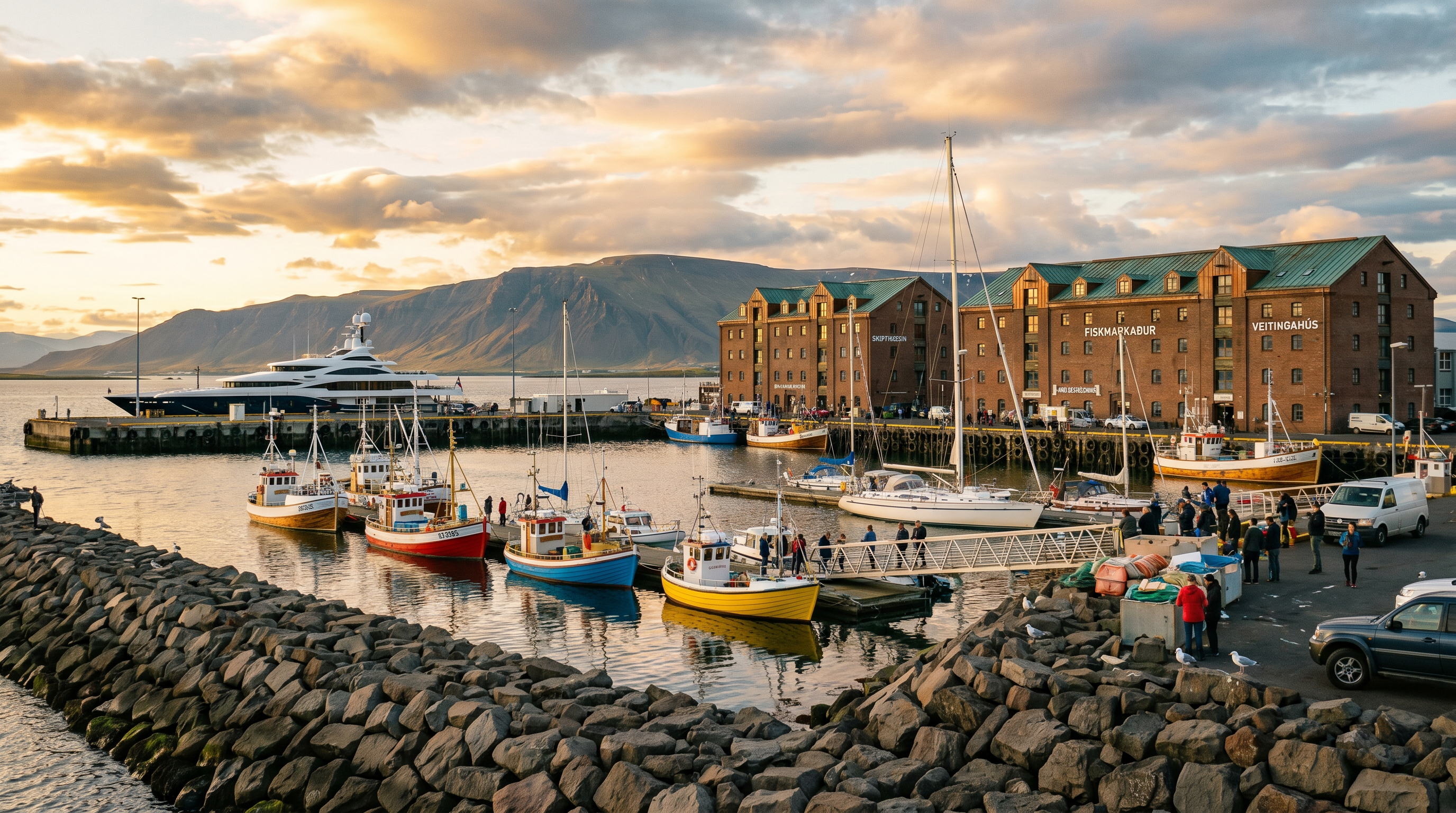 Outer harbour with fishing boats and superyachts